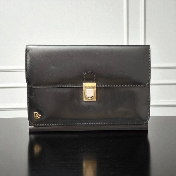 Dior Clutch bag Black Leather Vintage Logo Clasp Business Document Holder - Picture 1 of 12
